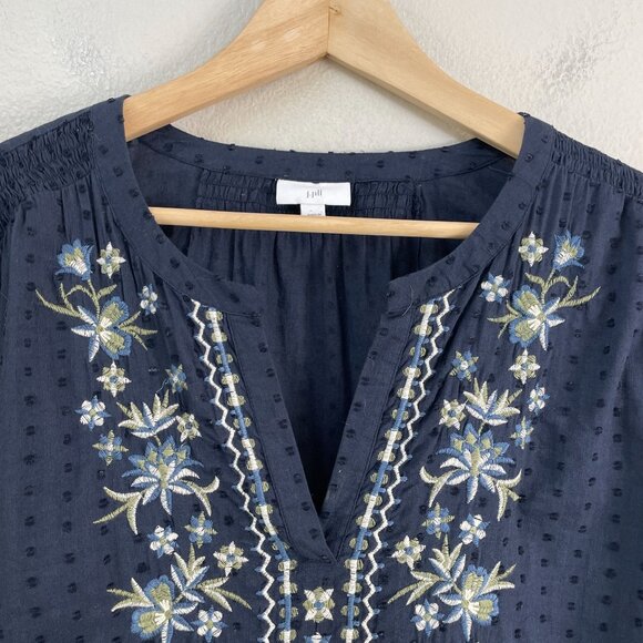 J Jill Womens XL Navy Embroidered Tunic Top Blouse Long Sleeve Floral Boho - Picture 9 of 12